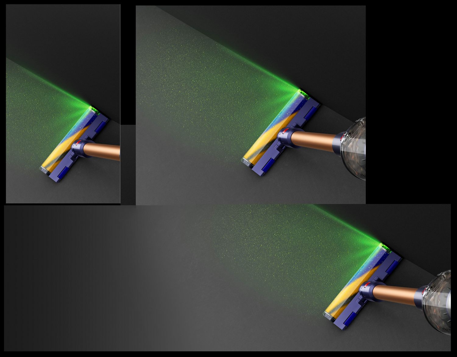 Aerial view of vacuum on hard floor with blade of light revealing hidden dust.